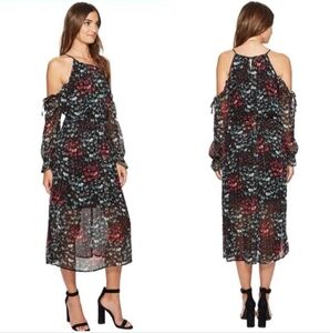 1. State the Curator Rich Black Floral Midi Cold Shoulder Dress